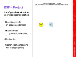 ESF – Project
1. coöperatieve structuur
voor woongemeenschap


- Beschikbare info
  en gedane onderzoek

- Haalbaarheid
      juridisch, financieel,

- Knelpunten




                               Samenhuizen 13-3-2013
- Sporen voor aanpassing
  wet- en regelgeving
 