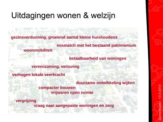 Uitdagingen wonen & welzijn

gezinsverdunning, groeiend aantal kleine huishoudens

                       mismatch met het bestaand patrimonium
      woonmobiliteit

                             betaalbaarheid van woningen
          vereenzaming, verzuring

verhogen lokale veerkracht

                                duurzame ontwikkeling wijken




                                                               Samenhuizen 13-3-2013
             compacter bouwen
                  vrijwaren open ruimte
  vergrijzing
            vraag naar aangepaste woningen en zorg
 
