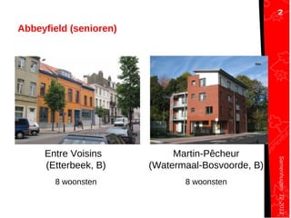 5
Samenhuizen12-2012
2
Abbeyfield (senioren)
Entre Voisins
(Etterbeek, B)
8 woonsten
Martin-Pêcheur
(Watermaal-Bosvoorde, B)
8 woonsten
2
 