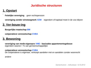 Juridische structuren
1. Opstart
Feitelijke vereniging geen rechtspersoon
vereniging zonder winstoogmerk VZW eigendom of kapitaal moet in de vzw blijven
2. Ver-bouw-ing
Burgerlijke maatschap BM
coöperatieve vennootschap CVBA
3. Bewoning
vereniging van mede-eigenaars VME - basisakte appartementsgebouw
eigendom woonst + % van gemeenschappelijke
coöperatieve vennootschap CVBA
De coöperatieve is eigenaar, verkoopt aandelen met en aandelen zonder woonrecht
andere
 