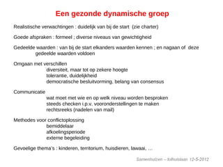 Een gezonde dynamische groep
Realistische verwachtingen : duidelijk van bij de start (zie charter)
Goede afspraken : formeel ; diverse niveaus van gewichtigheid
Gedeelde waarden : van bij de start elkanders waarden kennen ; en nagaan of deze
gedeelde waarden voldoen
Omgaan met verschillen
diversiteit, maar tot op zekere hoogte
tolerantie, duidelijkheid
democratische besluitvorming, belang van consensus
Communicatie
wat moet met wie en op welk niveau worden besproken
steeds checken i.p.v. vooronderstellingen te maken
rechtsreeks (nadelen van mail)
Methodes voor conflictoplossing
bemiddelaar
afkoelingsperiode
externe begeleiding
Gevoelige thema’s : kinderen, territorium, huisdieren, lawaai, …
 