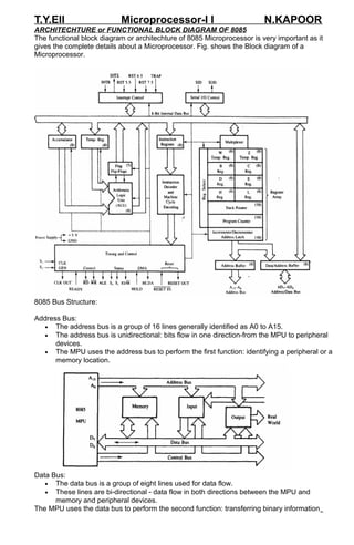 T.Y.EII Microprocessor-I I N.KAPOOR 
ARCHITECHTURE or FUNCTIONAL BLOCK DIAGRAM OF 8085 
The functional block diagram or architechture of 8085 Microprocessor is very important as it 
gives the complete details about a Microprocessor. Fig. shows the Block diagram of a 
Microprocessor. 
8085 Bus Structure: 
Address Bus: 
· The address bus is a group of 16 lines generally identified as A0 to A15. 
· The address bus is unidirectional: bits flow in one direction-from the MPU to peripheral 
devices. 
· The MPU uses the address bus to perform the first function: identifying a peripheral or a 
memory location. 
Data Bus: 
· The data bus is a group of eight lines used for data flow. 
· These lines are bi-directional - data flow in both directions between the MPU and 
memory and peripheral devices. 
The MPU uses the data bus to perform the second function: transferring binary information 
 