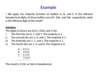 Example
• We apply the Majority function on buffers A, B, and C. If the leftmost
hexadecimal digits of these buffers are 0x7, 0xA, and 0xE, respectively, what
is the leftmost digit of the result?
Solution:
The digits in binary are 0111, 1010, and 1110.
i. The first bits are 0, 1, and 1. The majority is 1.
ii. The second bits are 1, 0, and 1. The majority is 1.
iii. The third bits are 1, 1, and 1. The majority is 1.
iv. The fourth bits are 1, 0, and 0. The majority is 0.
The result is 1110, or 0xE in hexadecimal.
 
