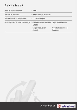 A Member of
F a c t s h e e t
Year of Establishment : 2000
Nature of Business : Manufacturer, Supplier
Total Number of Employees : 11 to 25 People
Primary Competitive Advantage : Good Financial Position
& TQM
Large Product Line
Large Production
Capacity
Provide Customized
Solutions
 