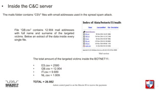• Inside the C&C server
The mails folder contains “CSV” files with email addresses used in the spread spam attack.
Admin control panel to set the Bitcoin ID to receive the payments
File “GB.csv” contains 12.904 mail addresses
with full name and surname of the targeted
victims. Below an extract of the data inside every
single file.
The total amount of the targeted victims inside the BOTNET11:
• ES.csv = 2580
• GB.csv = 12.904
• IT.csv = 9.689
• NL.csv = 1.809
TOTAL = 26.982
Mail section
 