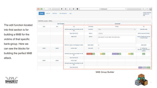 MitB Group Builder
The edit function located
into first section is for
building a MitB for the
victims of that specific
bank-group. Here we
can see the blocks for
building the perfect MitB
attack.
 