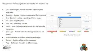 Drop-Down List Commands
The command list for every block is described in this dropdown list.
 Go – Is allowing the victim to reach the e-banking web
application
 Question – Building a custom questionaries’ for the victims
 Error Question – Asking a questing with error output
 Tan – Java-Script function
 Error Tan - Java-Script function
 Hold – This is the function when victim click the button for
transaction.
 Error Login – To trick victim that the login details are not
correct.
 Kick – to kick the victim from e-banking application
 Confirm – Building a fake confirm messages
 Page – To forward the victim on different page.
 