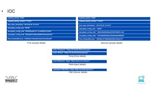 • IOC
malware_family "KINS"
malware_family_version "1.0.0.5"
first_seen_timestamp "2014-05-30 15:15:01"
decrypted_config_size "20708"
decrypted_config_md5 "35bf382ea8e1e711c3d548bcfcfc54af"
encrypted_config_md5 "305edd5731692c828290705c5da279a1"
Entry RelatedBinaries "843046eb1404a49910ab433424d64c6b"
First sample details
malware_family "KINS"
malware_family_version "1.0.0.5"
first_seen_timestamp " 2014-05-23 15:15:01"
decrypted_config_size " 20534"
decrypted_config_md5 " 0403cf8dd20db5edd762f1089df1c1ba"
encrypted_config_md5 " 181d3daf422ab2ca76edefe3a4805403"
Entry RelatedBinaries " 8ffe59bc277556ef8b63bf8319bd4c78"
Second sample details
entry "Dropzone" "https://37.XX.XX.XX/css/css.php"
entry "Binary" "https://37.XX.XX.XX/css/upd.exe”
Drop-Zone details
entry"Webinject" target "https://www.xxx.xx/xxxx/*"
Web-Inject details
varbname='%BOTID%';"https://XXX.com/XXX.php?q=2">
C&C-Server details
 