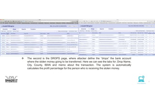  The second is the DROPS page, where attacker define the “drops” the bank account
where the stolen money going to be transferred. Here we can see the tabs for; Drop Name,
City, County, IBAN and memo about the transaction. The system is automatically
calculates the profit percentage for the person who is receiving the stolen money.
 