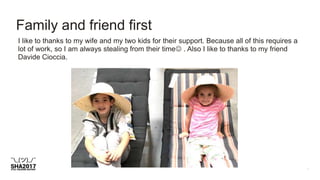 I like to thanks to my wife and my two kids for their support. Because all of this requires a
lot of work, so I am always stealing from their time . Also I like to thanks to my friend
Davide Cioccia.
Family and friend first
 