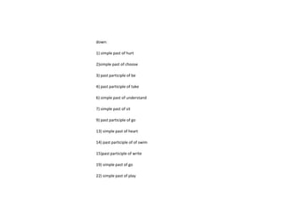 down:

1) simple past of hurt

2)simple past of choose

3) past participle of be

4) past participle of take

6) simple past of understand

7) simple past of sit

9) past participle of go

13) simple past of heart

14) past participle of of swim

15)past participle of write

19) simple past of go

22) simple past of play
 