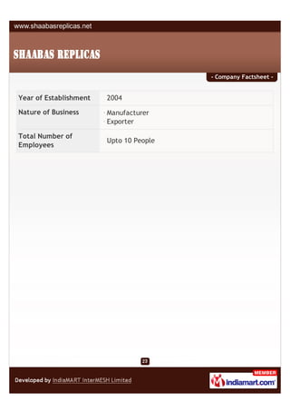- Company Factsheet -


Year of Establishment   2004

Nature of Business      Manufacturer
                        Exporter

Total Number of
                        Upto 10 People
Employees
 