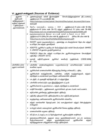 48
VI. Mjhu¢ rh‹WfŸ ( Sources of Evidence)
Mjhu¡
F¿¥òfŸ
(éÂKiwfŸ /
têfh£LjšfŸ
/ gÂntLfŸ /
murhizfŸ)
 midtU¦fF« fšé Ïa¡f¤Â‹ brašgL¤Jtj‰fhd Â£ltiuÎ:
m¤Âaha«-IV-g.f.v©(55-82)
(http://mhrd.gov.in/sites/upload_files/mhrd/files/upload_document/SSA-Frame-
work.pdf
 Njrpa fiyj;jpl;l tiuT – 2005 : m¤Âaha«-II (g¡f v© 12-34),
m¤Âaha«-III (g¡f v© 35-77) k‰W« m¤Âaha« IV (g¡f v© 78-100)
(http://www.ncert.nic.in/rightside/links/pdf/framework/english/nf2005.pdf)
 Foe;ijfSf;fhd ,ytr fl;lha¡ fy;tp chpikr; rl;lk; 2009:
m¤Âaha«-IV (ÃçÎ 24 g¡f v© 8) m¤Âaha« V (ÃçÎ-29 g¡f v© 9)
(http://ssa.nic.in/rte-docs/free%20and%20compulsory.pdf)
 NCERT _y« totik¡f¥g£l mid¤J ghl§fS¡fhd bjhl¡f k‰W«
ca®bjhl¡f f‰wš msÅLfŸ
 ADEPTS MÁça® cjéÍl‹ nk«gL¤j¥gL« fšé brašghLfŸ (MHRD
3, UNICEF ‹ Jt¡f Ka‰Á/Kid¥ò.)
 PINDICS (bjhl¡f k‰W« ca®bjhl¡f MÁça®fS¡fhd brašÂw‹
kÂ¥ÕL) - (NCERT 2013)
 tsu¿ kÂ¥Õ£o‰fhd MÁça® ifnaL (m¿éaš) (CBSE-2010)
(P – VII)
gŸëæš cŸs
Mjhu ts§fŸ
 gŸëæš khzt®fS¡fhf cUth¡f¥g£L guhkç¡f¥gL« khzt®
Raétu got«
 MÁça®fŸ khzt®fë‹ ÅLfS¡F br‹W gh®itæ£l gÂÎ.
 MÁça®fŸ fyªJbfh©l gâæil gæ‰Á, fU¤ju§FfŸ, f‰wš-
f‰Ã¤jš cgfuz§fŸ jahç¤jš gâkidæ‹ gÂÎfŸ
 ghl¤Â£l«, FiwÔ® f‰Ã¤jš Â£l« k‰W« Ïju
 gŸëæš th§f¥gL« gUt Ïjœ/ÏjœfŸ g£oaš
 MÁça®fshš cUth¡f¥g£l f‰wš, f‰Ã¤jš cgfuz§fŸ
 khÂç brašÂ£l m¿¡iffŸ, MuhŒ¢ÁfŸ, x¥gil¥òfŸ, fs¥gaz«.
 f‰nghç‹ K‹nd‰w m¿¡if/ÂuŸ gÂntL.
 kÂ¥ÕL gÂÎfŸ/CCE gÂntLfëš cŸs kÂ¥bg©/ju§fŸ.
 fU¤ju§F, gâkidfëš MÁça®fë‹ g§fë¥ò
 f‰wš ts§fë‹ bjhF¥òfŸ. (ie) tsò¤jf§fŸ k‰W« Ã‹g‰w¤j¡f
rh‹WfŸ.
 cŸq® k¡fŸ, fiyP®fŸ M»nahç‹ nrit F¿¤j gÂntL.
 khzt®fë‹ tUif gÂntL.
 Å£L¥ghl«, tF¥ò ghl«, nj®Î¤jhŸfŸ M»at‰¿‹ khÂçfŸ.
 jiyikahÁça®fŸ, FWts ika xU§»iz¥ghs®, t£lhu tsika
nk‰gh®itahs® k‰W« xU§»iz¥ghs® M»nahç‹ f‰wš
f‰Ã¤jY¡fhd gçªJiufŸ rh®ªj gÂntLfŸ.
 