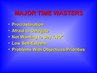 MAJOR   TIME WASTERS Procrastination Afraid to Delegate Not Wanting to Say "NO" Low Self-Esteem Problems With Objectives/Priorities 