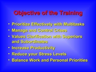 Objective of the Training Prioritize Effectively with Multitasks Manage and Control Crises Values Clarification with Superiors and Subordinates Increase Productivity  Reduce your Stress Levels Balance Work and Personal Priorities 