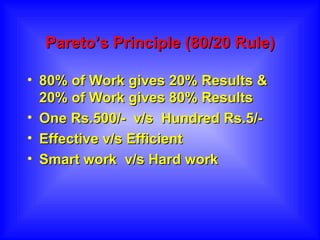 Pareto’s Principle  (80/20 Rule) 80% of Work gives 20% Results & 20% of Work gives 80% Results One Rs.500/-  v/s  Hundred Rs.5/-  Effective v/s Efficient Smart work  v/s Hard work 