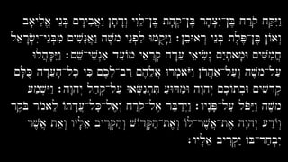 ‫ִיאָב‬‫ל‬ֱ‫א‬ ‫ֵי‬‫ְנ‬‫בּ‬ ‫ם‬ ָ‫ִיר‬‫ב‬ֲ‫א‬ַ‫ו‬ ‫ָן‬‫ת‬ ָ‫ְד‬‫ו‬ ‫ִי‬‫ו‬ֵ‫ל‬‫ֶן־‬‫בּ‬ ‫ָת‬‫ה‬ְ‫ק‬‫ֶן־‬‫בּ‬ ‫ָר‬‫ה‬ְ‫צ‬‫ֶן־יִ‬‫בּ‬ ‫ח‬ ַ‫ֹר‬‫ק‬ ‫ַח‬‫קּ‬ִ‫יּ‬ַ‫ו‬
‫ֵל‬‫א‬ ָ‫ְר‬‫שׂ‬‫ֵי־יִ‬‫ְנ‬‫בּ‬ִ‫מ‬ ‫ִים‬‫שׁ‬ָ‫ֲנ‬‫א‬ַ‫ו‬ ‫ֶה‬‫שׁ‬‫ֵי מ‬‫ְנ‬‫פ‬ִ‫ל‬ ‫ֻמוּ‬‫ק‬ָ‫יּ‬ַ‫ו‬ ‫ֵן׃‬‫ב‬‫אוּ‬ ְ‫ֵי ר‬‫ְנ‬‫בּ‬ ‫ֶת‬‫ל‬ֶ‫פּ‬‫ֶן־‬‫בּ‬ ‫ְאוֹן‬‫ו‬
‫ֲלוּ‬‫ה‬ָ‫קּ‬ִ‫יּ‬ַ‫ו‬ ‫ֵם׃‬‫שׁ‬‫ֵי־‬‫שׁ‬ְ‫ֵד אַנ‬‫ע‬‫ֵי מוֹ‬‫א‬ ִ‫ְר‬‫ק‬ ‫ה‬ ָ‫ֵד‬‫ע‬ ‫ֵי‬‫א‬‫ִי‬‫שׂ‬ְ‫ָיִם נ‬‫ת‬‫ָא‬‫מ‬‫ִים וּ‬‫שּׁ‬ִ‫מ‬ֲ‫ח‬
‫ָם‬‫לּ‬ֻ‫כּ‬ ‫ה‬ ָ‫ֵד‬‫ע‬ָ‫ה‬‫ָל־‬‫כ‬ ‫ִי‬‫כּ‬ ‫ֶם‬‫כ‬ָ‫ל‬‫ב־‬ ַ‫ֶם ר‬‫ה‬ֵ‫ל‬ֲ‫א‬ ‫ְרוּ‬‫מ‬‫ֹא‬‫יּ‬ַ‫ו‬ ‫ֹן‬‫ר‬ֲ‫ה‬‫ַל־אַ‬‫ע‬ְ‫ו‬ ‫ֶה‬‫שׁ‬‫ַל־מ‬‫ע‬
‫ַע‬‫מ‬ְ‫שׁ‬ִ‫יּ‬ַ‫ו‬ ‫ָה׃‬‫ו‬‫ְה‬‫י‬ ‫ַל‬‫ה‬ְ‫ק‬‫ַל־‬‫ע‬ ‫ְאוּ‬‫שּׂ‬ַ‫ְנ‬‫ת‬ִ‫תּ‬ ַ‫ע‬‫ַדּוּ‬‫מ‬‫ָה וּ‬‫ו‬‫ְה‬‫י‬ ‫ָם‬‫כ‬‫ְתוֹ‬‫ב‬‫ִים וּ‬‫שׁ‬‫ְד‬‫ק‬
‫ֶר‬‫ק‬ֹ‫בּ‬ ‫ֹר‬‫מ‬‫ֵא‬‫ל‬ ‫תוֹ‬ ָ‫ֲד‬‫ע‬‫ָל־‬‫כּ‬‫ֶל־‬‫א‬ְ‫ו‬ ‫ח‬ ַ‫ֹר‬‫ק‬‫ֶל־‬‫א‬ ‫ֵר‬‫בּ‬ ַ‫ְד‬‫י‬ַ‫ו‬ ‫ָיו׃‬‫ָנ‬‫פּ‬‫ַל־‬‫ע‬ ‫ֹל‬‫פּ‬ִ‫יּ‬ַ‫ו‬ ‫ֶה‬‫שׁ‬‫מ‬
‫ֶר‬‫שׁ‬ֲ‫א‬ ‫ֵת‬‫א‬ְ‫ו‬ ‫ָיו‬‫ל‬ֵ‫א‬ ‫יב‬ ִ‫ְר‬‫ק‬ִ‫ה‬ְ‫ו‬ ‫ָדוֹשׁ‬‫קּ‬ַ‫ה‬‫ֶת־‬‫א‬ְ‫ו‬ ‫ֶר־לוֹ‬‫שׁ‬ֲ‫א‬‫ֶת־‬‫א‬ ‫ָה‬‫ו‬‫ְה‬‫י‬ ‫ע‬ ַ‫ֹד‬‫י‬ְ‫ו‬
‫ָיו׃‬‫ל‬ֵ‫א‬ ‫יב‬ ִ‫ְר‬‫ק‬ַ‫י‬ ‫ַר־בּוֹ‬‫ח‬ְ‫ב‬‫יִ‬
 