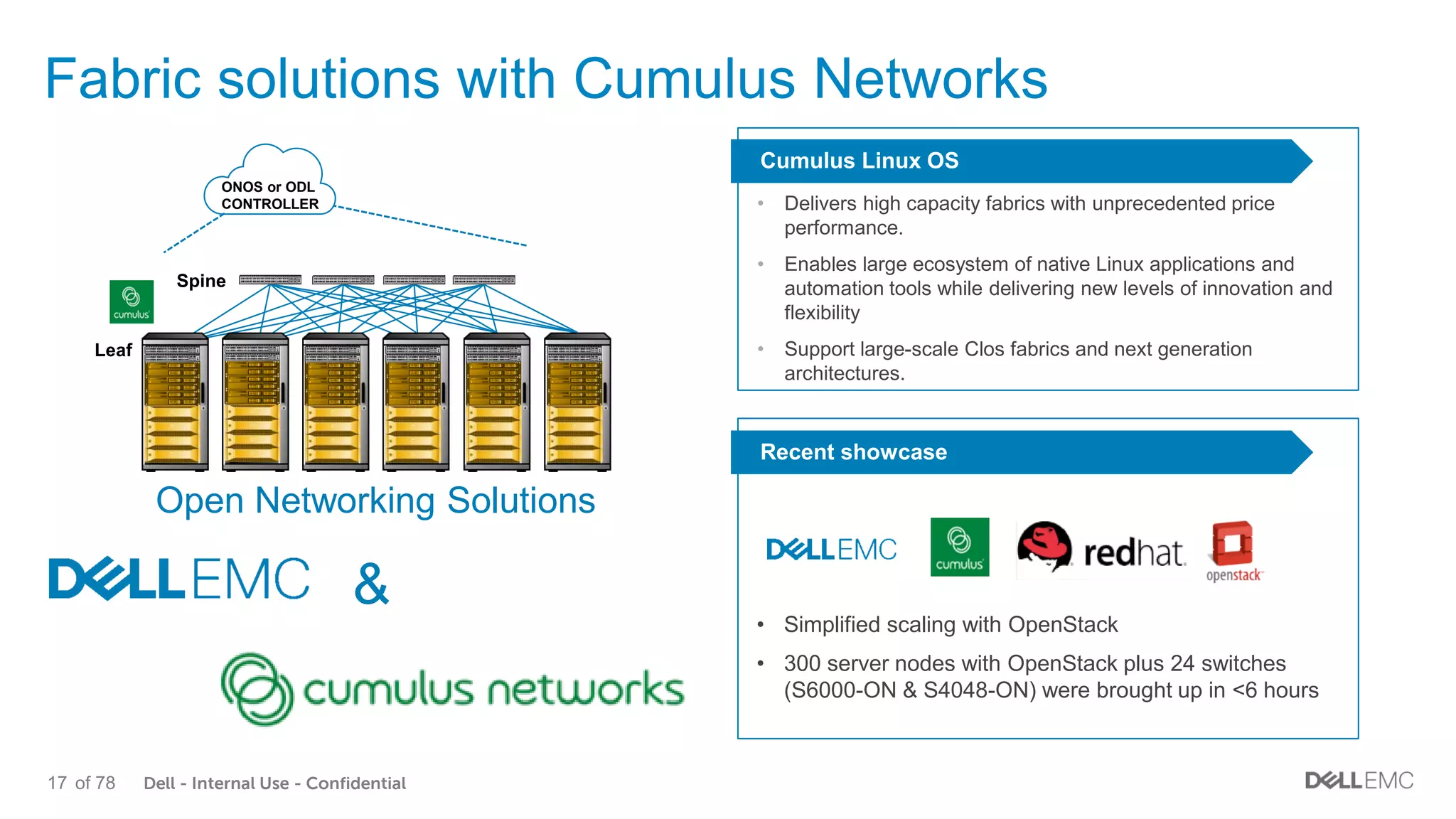 Dell - Internal Use - Confidential17 of 78
Recent showcase
Fabric solutions with Cumulus Networks
• Simplified scaling with OpenStack
• 300 server nodes with OpenStack plus 24 switches
(S6000-ON & S4048-ON) were brought up in <6 hours
Cumulus Linux OS
• Delivers high capacity fabrics with unprecedented price
performance.
• Enables large ecosystem of native Linux applications and
automation tools while delivering new levels of innovation and
flexibility
• Support large-scale Clos fabrics and next generation
architectures.
Spine
Leaf
Open Networking Solutions
&
ONOS or ODL
CONTROLLER
 
