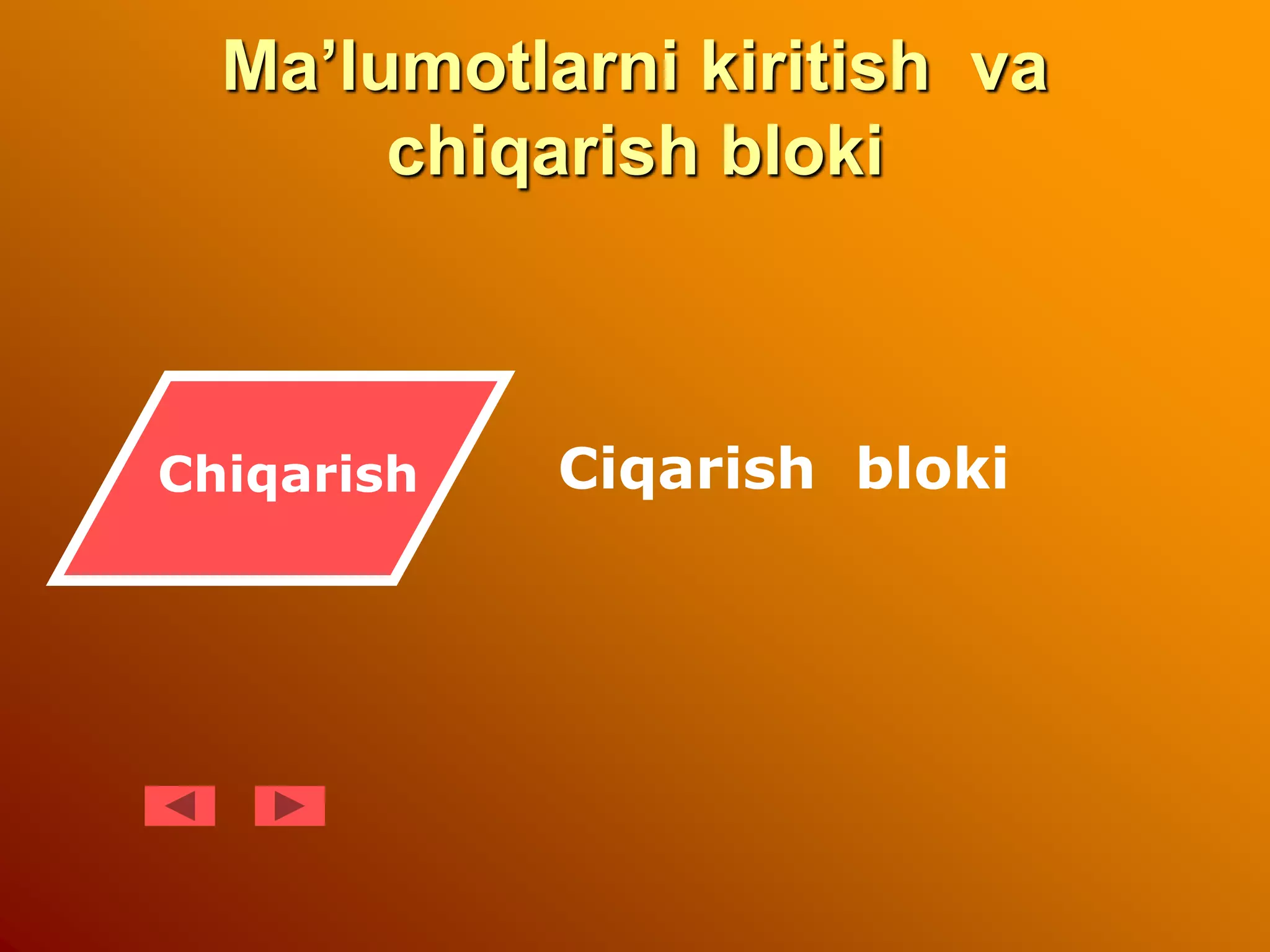 Ma’lumotlarni kiritish va
chiqarish bloki
Ciqarish bloki
Chiqarish
 