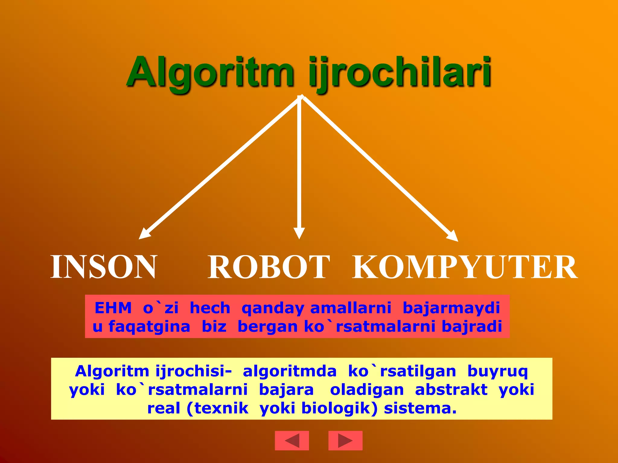 Algoritm ijrochilari
INSON ROBOT KOMPYUTER
EHM o`zi hech qanday amallarni bajarmaydi
u faqatgina biz bergan ko`rsatmalarni bajradi
Algoritm ijrochisi- algoritmda ko`rsatilgan buyruq
yoki ko`rsatmalarni bajara oladigan abstrakt yoki
real (texnik yoki biologik) sistema.
 