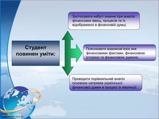 Студент
повинен уміти:
Застосувати набуті знання при аналізі
фінансових явищ, процесів та їх
відображенні в фінансовій думці.
Пояснювати взаємозв’язок між
фінансовими фактами, фінансовою
історією та фінансовою думкою.
Проводити порівняльний аналіз
основних напрямів української
фінансової думки в процесі їх еволюції.
 