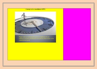 Concept to be consolidated (PPT)
Wages refers to remuneration given to employees by an
employer for their contributions towards the achievement of the
organizational goals.
 