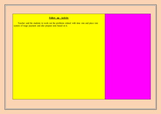 Follow up Activity
Teacher said the students to work out the problems related with time rate and piece rate
system of wage payment and also prepare note based on it.
 