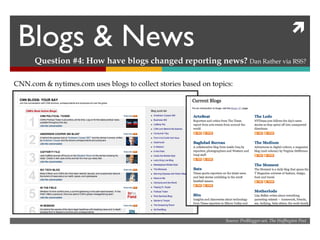 Blogs & News Question #4: How have blogs changed reporting news?  Dan Rather via RSS? Source: ProBlogger.net, The Huffington Post CNN.com & nytimes.com uses blogs to collect stories based on topics: 