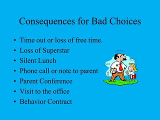 Consequences for Bad ChoicesTime out or loss of free time.Loss of SuperstarSilent LunchPhone call or note to parentParent ConferenceVisit to the officeBehavior Contract