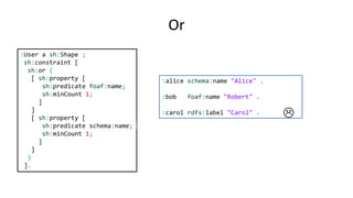 or
:User a sh:NodeShape ;
sh:or (
[ sh:property [
sh:predicate foaf:name;
sh:minCount 1;
]
]
[ sh:property [
sh:predicate schema:name;
sh:minCount 1;
]
]
) .
:alice schema:name "Alice" .
:bob foaf:name "Robert" .
:carol rdfs:label "Carol" . 
 