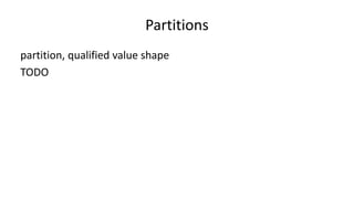 Partitions and qualified value shapes
Qualified value shapes verify that certain number of values of a given
property have a given shape
:Book a sh:Shape ;
sh:property [
sh:predicate schema:productID ;
sh:minCount 2; sh:maxCount 2; ];
sh:property [
sh:predicate schema:productID ;
sh:qualifiedMinCount 1 ;
sh:qualifiedValueShape [
sh:constraint [sh:pattern "^isbn" ]]];
sh:property [
sh:predicate schema:productID ;
sh:qualifiedMinCount 1 ;
sh:qualifiedValueShape [
sh:constraint [ sh:pattern "^code" ; ]]];
.
Try it: http://goo.gl/v6Zffe
 