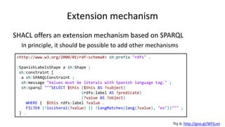 SPARQL constraints
Mappings between result rows and error validation information
Constraint Description
sh:focusNode Value of $this variable
sh:subject Value of ?subject variable
sh:predicate Value of ?predicate variable
sh:object Value of ?object variable
sh:message Value of ?message variable
sh:sourceConstraint The constraint that was validated against
sh:sourceShape The shape that was validated against
sh:severity sh:ViolationError by default or the value of sh:severity
 