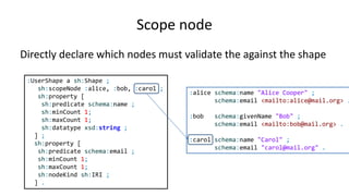 Target node
Directly declare which nodes must validate the against the shape
:UserShape a sh:NodeShape ;
sh:targetNode :alice, :bob, :carol ;
sh:property [
sh:path schema:name ;
sh:minCount 1;
sh:maxCount 1;
sh:datatype xsd:string ;
] ;
sh:property [
sh:path schema:email ;
sh:minCount 1;
sh:maxCount 1;
sh:nodeKind sh:IRI ;
] .
:alice schema:name "Alice Cooper" ;
schema:email <mailto:alice@mail.org> .
:bob schema:givenName "Bob" ;
schema:email <mailto:bob@mail.org> .
:carol schema:name "Carol" ;
schema:email "carol@mail.org" .
 