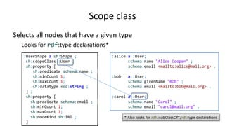Target class
Selects all nodes that have a given type
Looks for rdf:type declarations*
* Also looks for rdfs:subClassOf*/rdf:type declarations
:UserShape a sh:NodeShape ;
sh:targetClass :User ;
sh:property [
sh:path schema:name ;
sh:minCount 1;
sh:maxCount 1;
sh:datatype xsd:string ;
] ;
sh:property [
sh:path schema:email ;
sh:minCount 1;
sh:maxCount 1;
sh:nodeKind sh:IRI ;
] .
:alice a :User;
schema:name "Alice Cooper" ;
schema:email <mailto:alice@mail.org> .
:bob a :User;
schema:givenName "Bob" ;
schema:email <mailto:bob@mail.org> .
:carol a :User;
schema:name "Carol" ;
schema:email "carol@mail.org" .
 