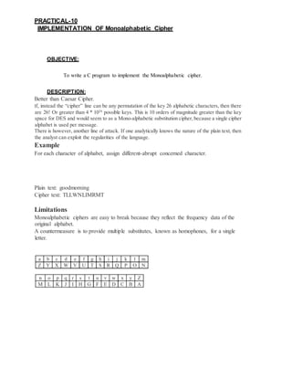 PRACTICAL-10
IMPLEMENTATION OF Monoalphabetic Cipher
OBJECTIVE:
To write a C program to implement the Monoalphabetic cipher.
DESCRIPTION:
Better than Caesar Cipher.
If, instead the “cipher” line can be any permutation of the key 26 alphabetic characters, then there
are 26! Or greater than 4 * 1026
possible keys. This is 10 orders of magnitude greater than the key
space for DES and would seem to as a Mono-alphabetic substitution cipher, because a single cipher
alphabet is used per message.
There is however, another line of attack. If one analytically knows the nature of the plain text, then
the analyst can exploit the regularities of the language.
Example
For each character of alphabet, assign different-abrupt concerned character.
Plain text: goodmorning
Cipher text: TLLWNLIMRMT
Limitations
Monoalphabetic ciphers are easy to break because they reflect the frequency data of the
original alphabet.
A countermeasure is to provide multiple substitutes, known as homophones, for a single
letter.
 