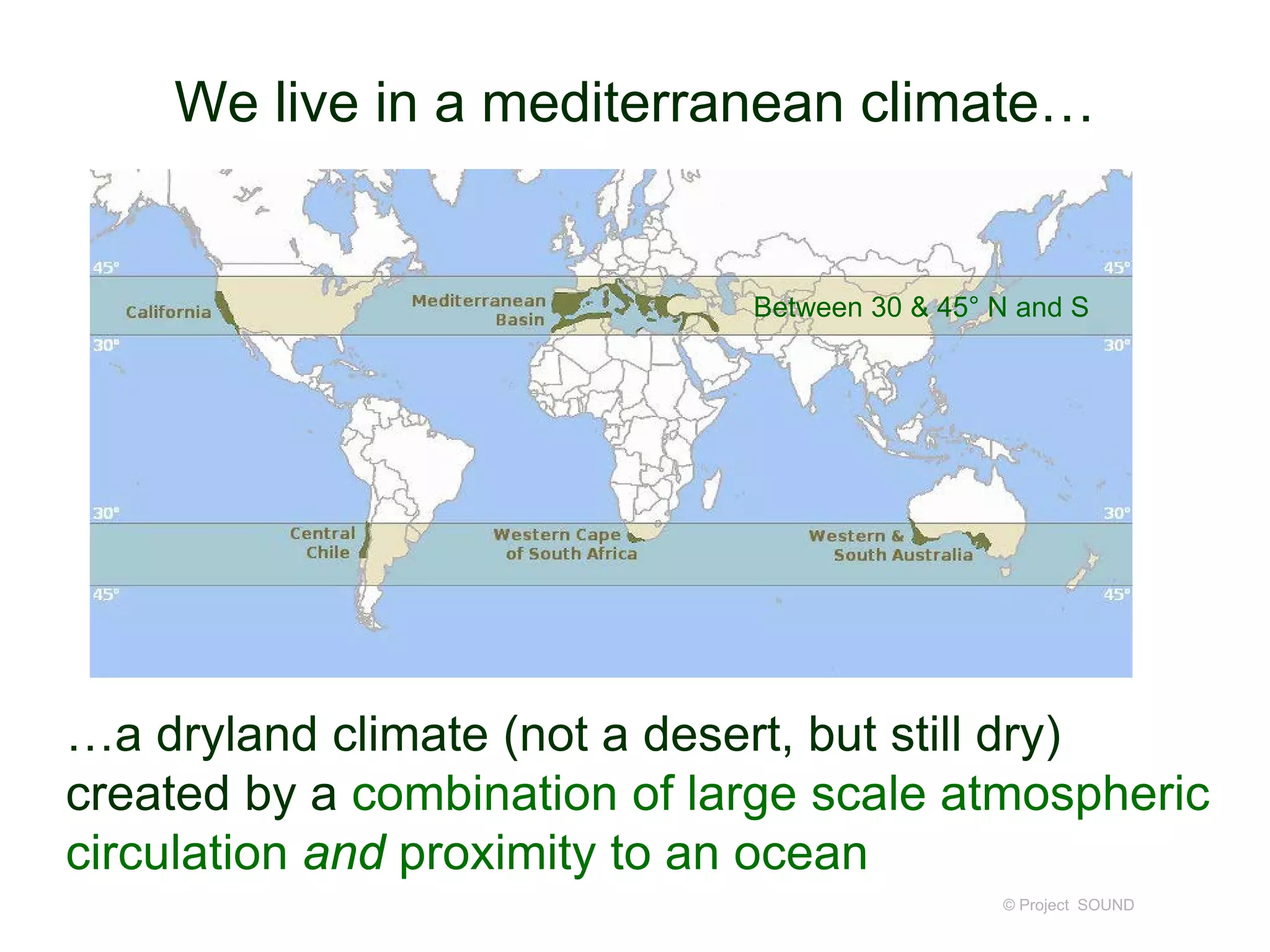 We live in a mediterranean climate…
© Project SOUND
…a dryland climate (not a desert, but still dry)
created by a combination of large scale atmospheric
circulation and proximity to an ocean
Between 30 & 45° N and S
 