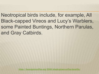 https://buyorganiccoffee.org/2240/shade-grown-coffee-benefits/
Neotropical birds include, for example, All
Black-capped Vireos and Lucy’s Warblers,
some Painted Buntings, Northern Parulas,
and Gray Catbirds.
 
