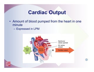 Cardiac Output
•  Amount of blood pumped from the heart in one
minute
–  Expressed in LPM
I
 