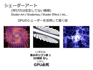 シェーダーアート 
(呼び方は安定してない模様) 
GPUのシェーダーを活用して描く絵 
Shader Art / Shadertoy / Shader Effect / etc… 
いずれも 
表示ポリゴン数1 
3D演算なし 
しかし 
GPU必死  