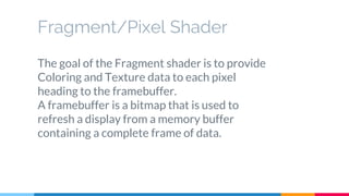 The goal of the Fragment shader is to provide
Coloring and Texture data to each pixel
heading to the framebuffer.
A framebuffer is a bitmap that is used to
refresh a display from a memory buffer
containing a complete frame of data.
Fragment/Pixel Shader
 