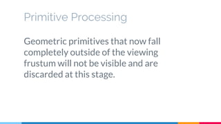Primitive Processing
Geometric primitives that now fall
completely outside of the viewing
frustum will not be visible and are
discarded at this stage.
 