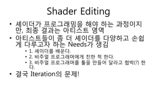 Shader Editing
• 셰이더가 프로그래밍을 해야 하는 과정이지
만, 최종 결과는 아티스트 영역
• 아티스트들이 좀 더 셰이더를 다양하고 손쉽
게 다루고자 하는 Needs가 생김
• 1. 셰이더를 배운다.
• 2. 비주얼 프로그래머에게 친한 척 한다.
• 3. 비주얼 프로그래머를 툴을 만들어 달라고 협박(?) 한
다.
• 결국 Iteration의 문제!
 
