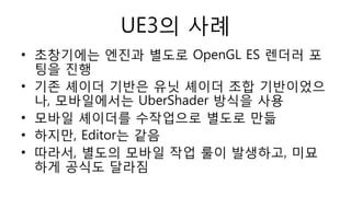 UE3의 사례
• 초창기에는 엔진과 별도로 OpenGL ES 렌더러 포
팅을 진행
• 기존 셰이더 기반은 유닛 셰이더 조합 기반이었으
나, 모바일에서는 UberShader 방식을 사용
• 모바일 셰이더를 수작업으로 별도로 만듦
• 하지만, Editor는 같음
• 따라서, 별도의 모바일 작업 룰이 발생하고, 미묘
하게 공식도 달라짐
 