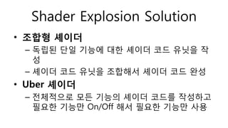 Shader Explosion Solution
• 조합형 셰이더
– 독립된 단일 기능에 대한 셰이더 코드 유닛을 작
성
– 셰이더 코드 유닛을 조합해서 셰이더 코드 완성
• Uber 셰이더
– 전체적으로 모든 기능의 셰이더 코드를 작성하고
필요한 기능만 On/Off 해서 필요한 기능만 사용
 