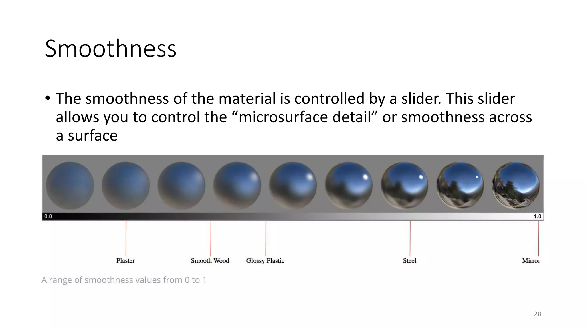 Smoothness
• The smoothness of the material is controlled by a slider. This slider
allows you to control the “microsurface detail” or smoothness across
a surface
28
 