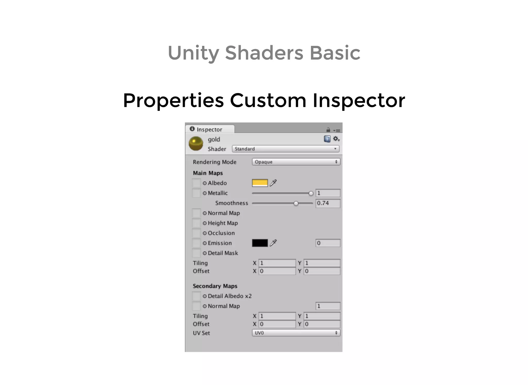 Unity Shaders BasicUnity Shaders Basic
Properties Custom InspectorProperties Custom Inspector
 