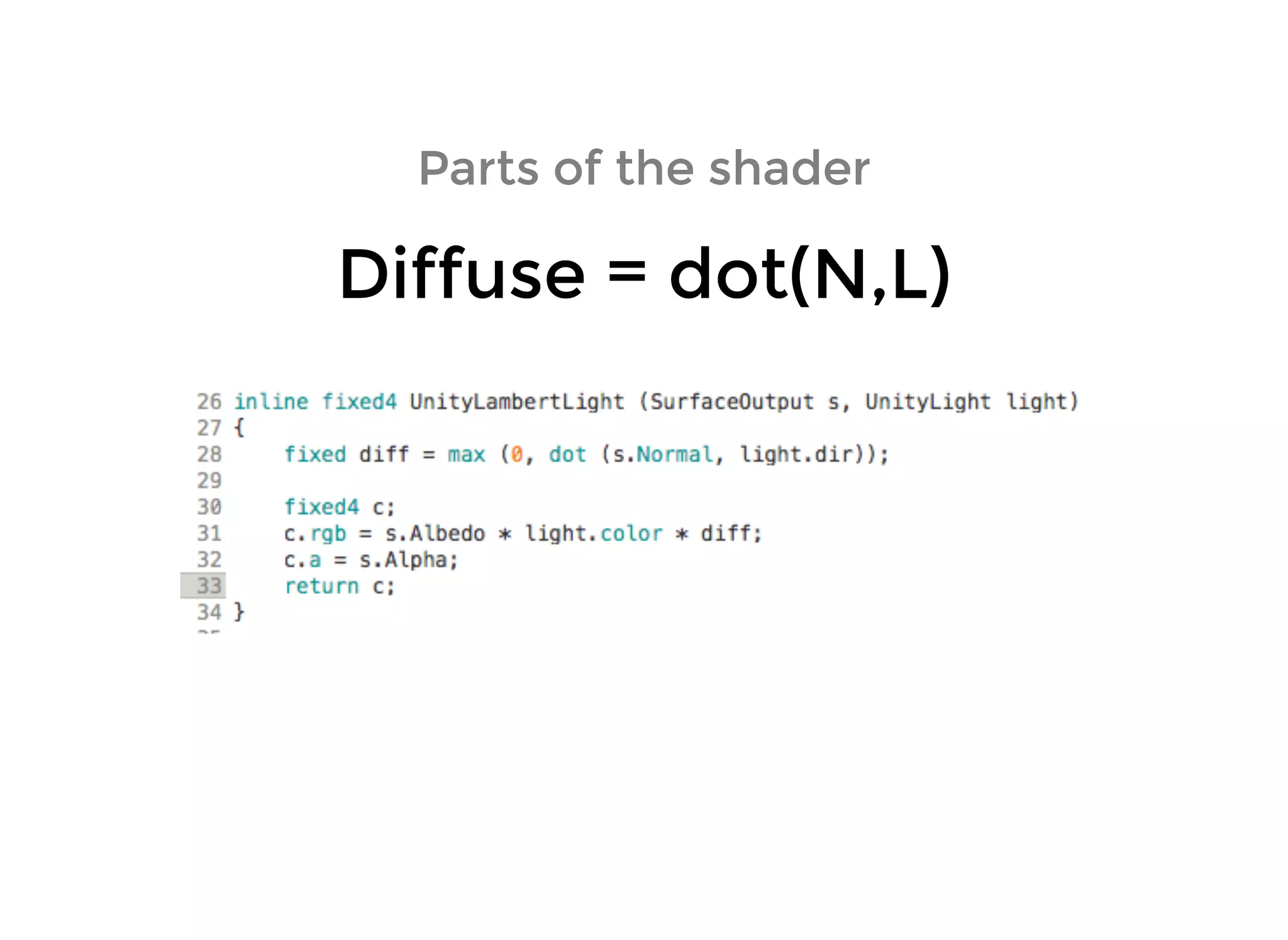Parts of the shaderParts of the shader
Diffuse = dot(N,L)Diffuse = dot(N,L)
 