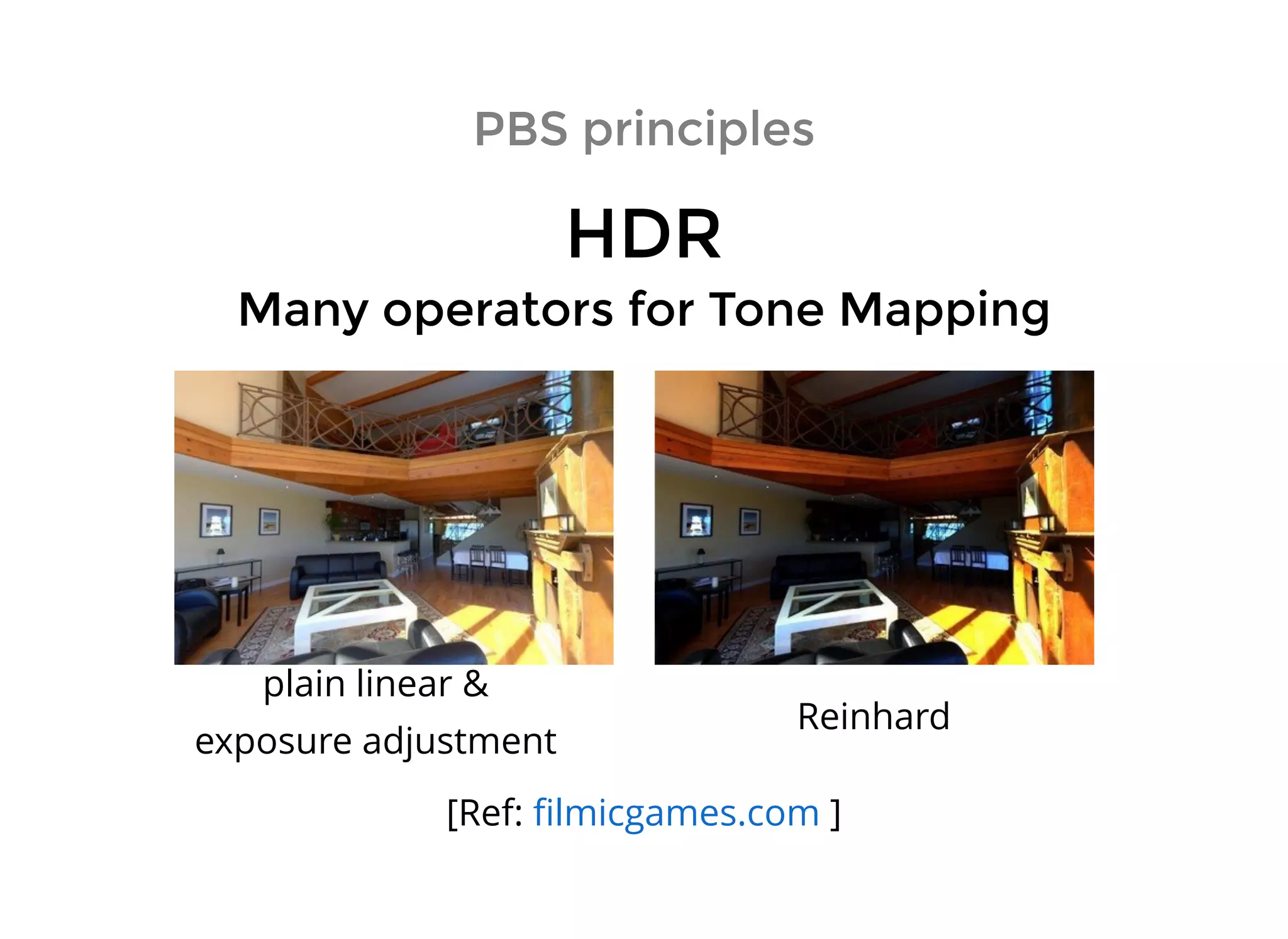 PBS principlesPBS principles
HDRHDR
Many operators for Tone MappingMany operators for Tone Mapping
[Ref: ]ﬁlmicgames.com
Reinhard
plain linear &
exposure adjustment
 