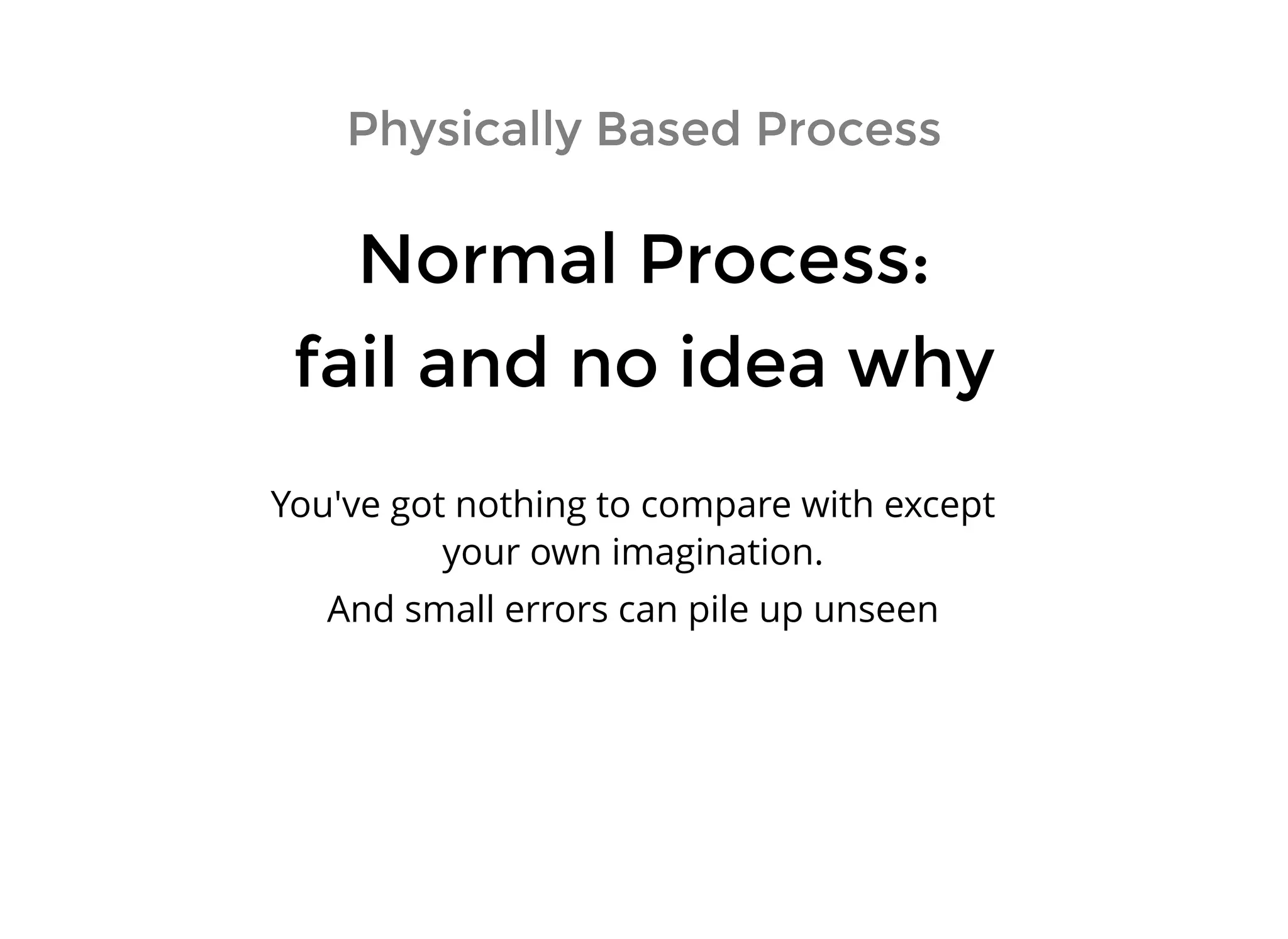 Normal Process:Normal Process:
fail and no idea whyfail and no idea why
Physically Based ProcessPhysically Based Process
You've got nothing to compare with except
your own imagination.
And small errors can pile up unseen
 